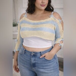 Brand New!! Hand crochet mesh shrug, cropped cold shoulder, sweater